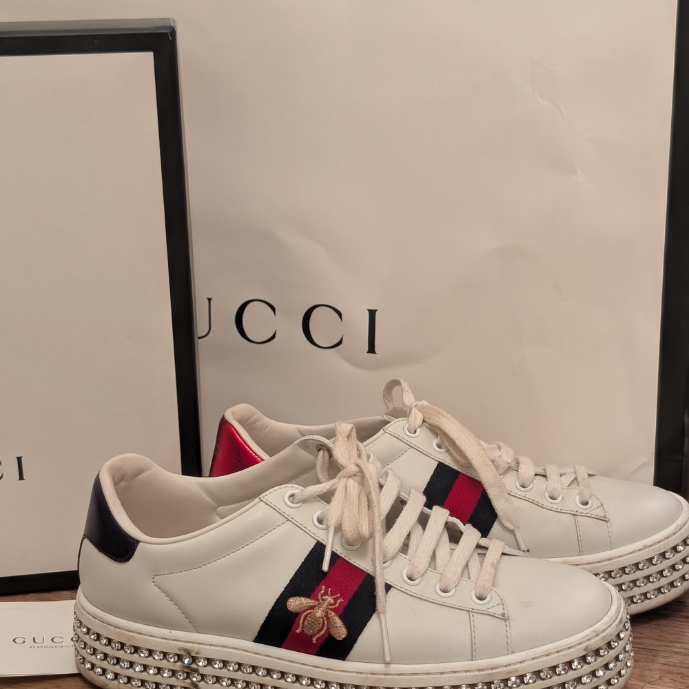 Gucci Women's White Sneakers with Red and Blue Accents